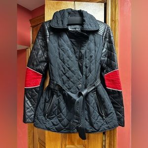 Black leather and fabric combo jacket . Quilted